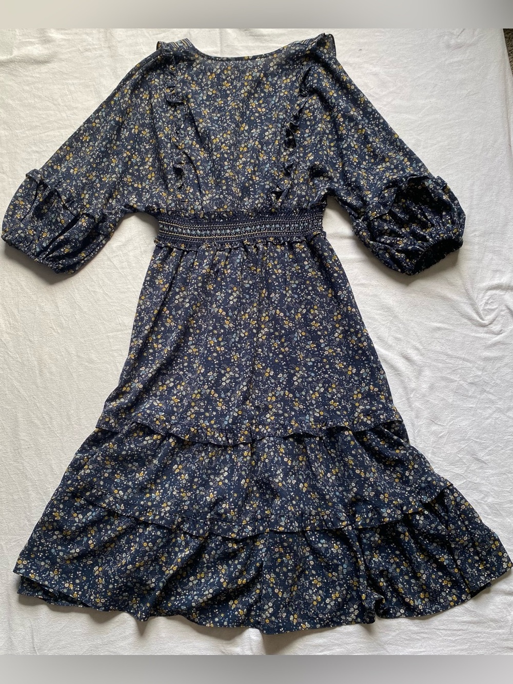 Max Studio Navy Floral Tiered Maxi Dress SZ L - Picture 6 of 16